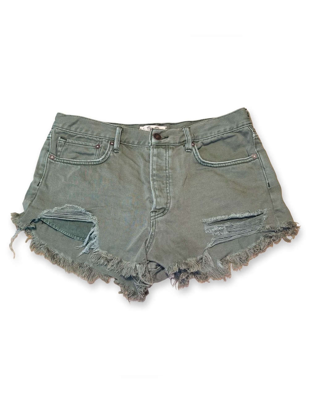 Free People Distressed Olive Green Denim Cutoff Shorts -Summer Jorts